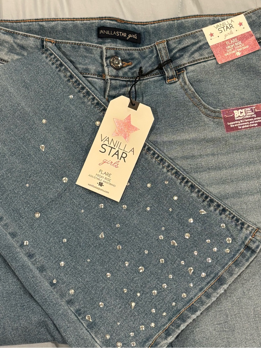 Vanilla Star Girls Lt Blue Rhinestone Flare High Rise Adjustable Waist Jeans 16